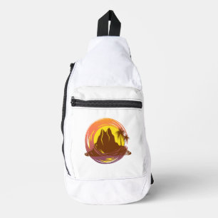 Badge with tropical volcano scenery and palm trees sling bag