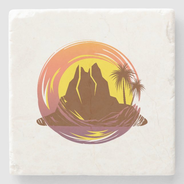 Badge with tropical volcano scenery and palm trees stone coaster (Front)