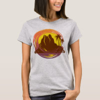 Badge with tropical volcano scenery and palm trees