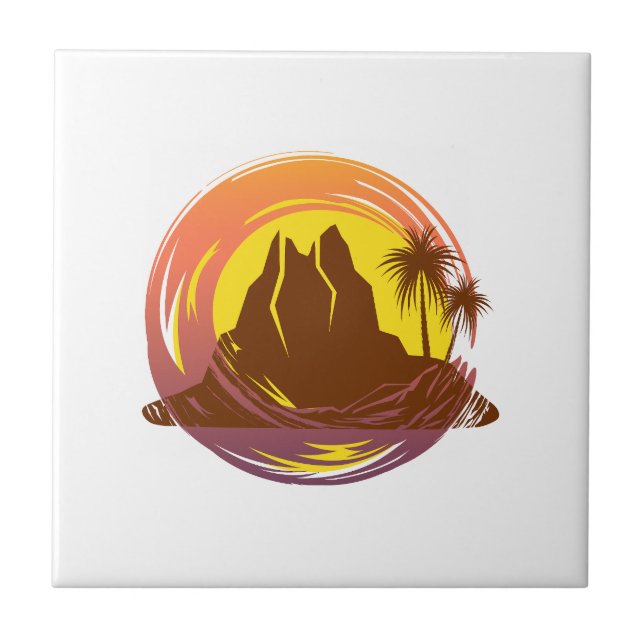 Badge with tropical volcano scenery and palm trees tile (Front)