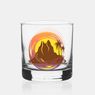 Badge with tropical volcano scenery and palm trees whiskey glass