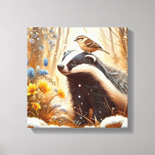 Badger and Sparrow Nature Wildlife Rustic Canvas Print