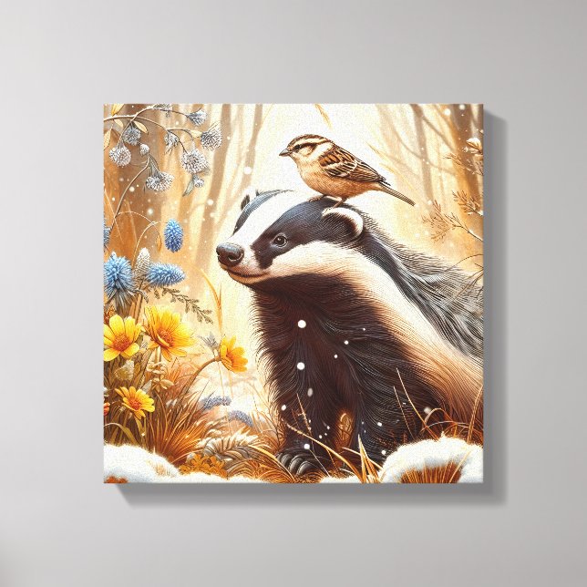Badger and Sparrow Nature Wildlife Rustic Canvas Print (Front)