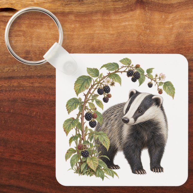 Badger Beside Blackberry Brambles Key Ring (Front)