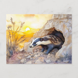 Badger emerging from a burrow at sunrise watercolo postcard