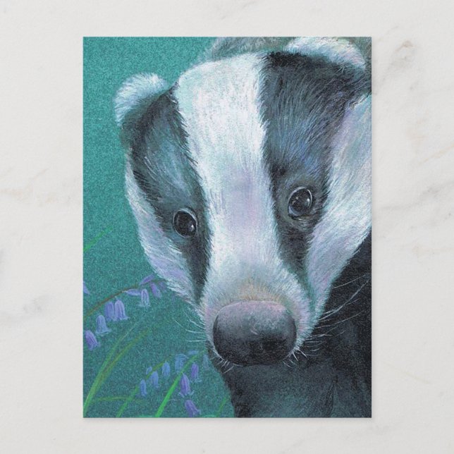 'Badger in the bluebell woods' postcard (Front)