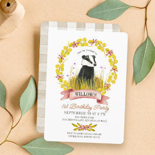 Badger Leaf Wreath Fall/Autumn 1st Birthday Invitation