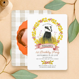 Badger Leaf Wreath Fall/Autumn 1st Birthday Photo Invitation