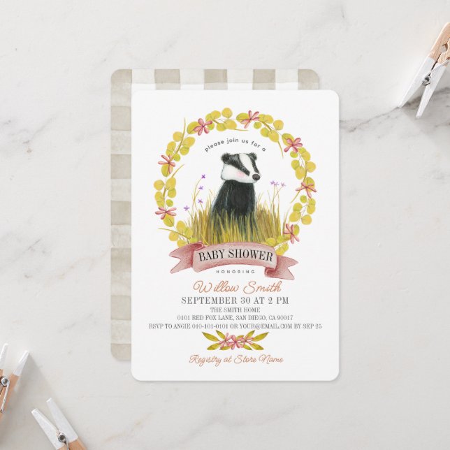 Badger Leaf Wreath Fall/Autumn Baby Shower Invitation (Front/Back In Situ)