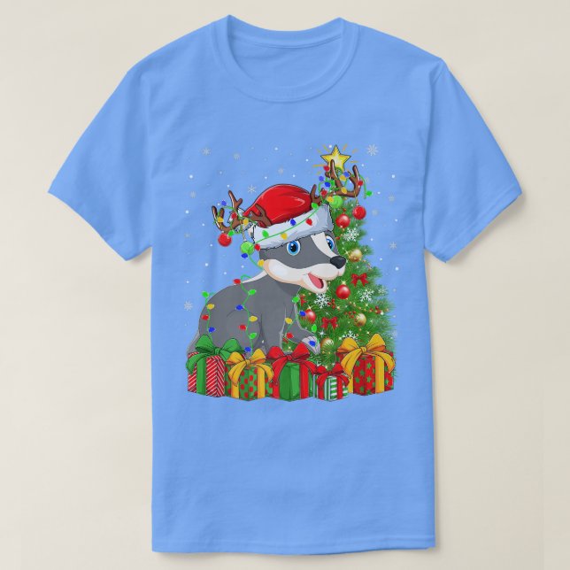 Badger Lighting Xmas Tree Santa Hat Badger Christm T-Shirt (Design Front)