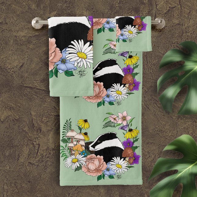 Badger Wild Flowers Mushrooms Green Bath Towel Set (Creator Uploaded)