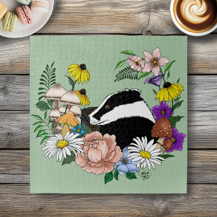 Badger Wild Flowers Mushrooms Green Jigsaw Puzzle