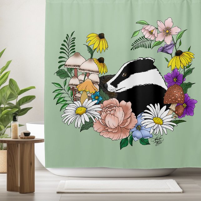Badger Wild Flowers Mushrooms Green Shower Curtain (Creator Uploaded)