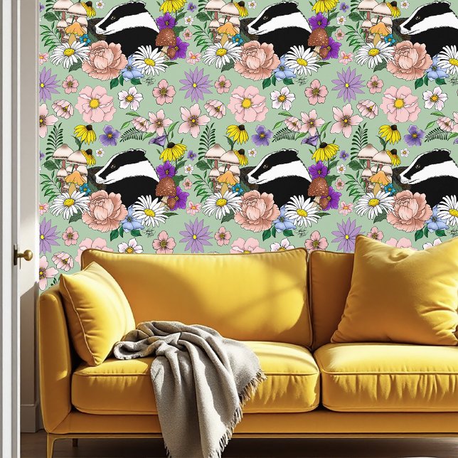 Badger Wild Flowers Mushrooms Green  Wallpaper (Creator Uploaded)