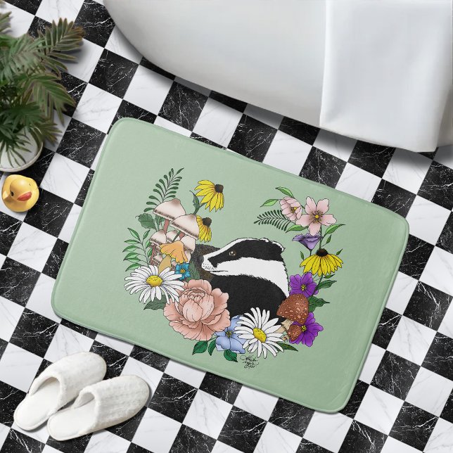 Badger Wild. Mushrooms Flowers Green Bath Mat (Creator Uploaded)
