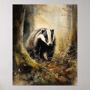 Badger Woodland Animal Art Print Poster