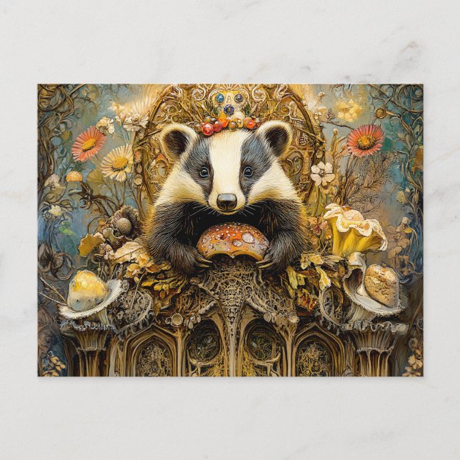 Badgers on a Mushroom Throne in a Fantasy Scene Postcard (Front)