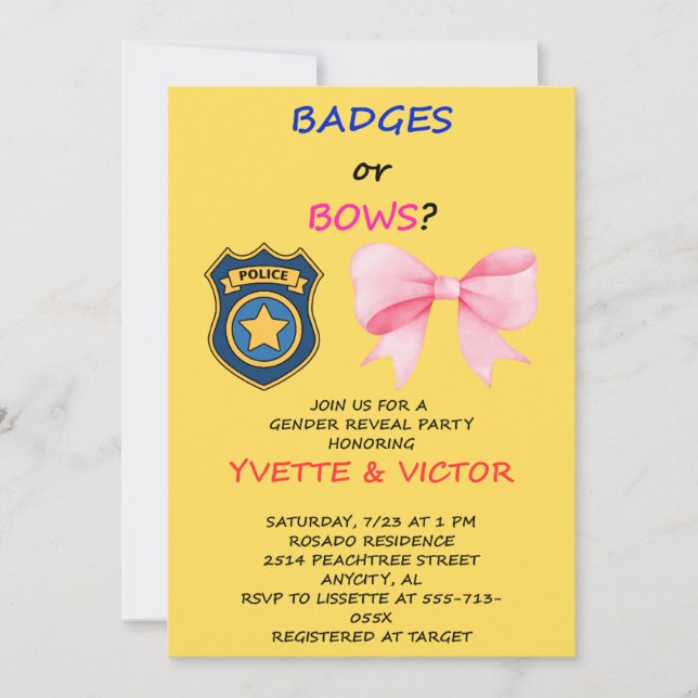 Badges or Bows Gender Reveal Invitation (Front)