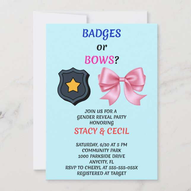 Badges or Bows Gender Reveal Invitation (Front)