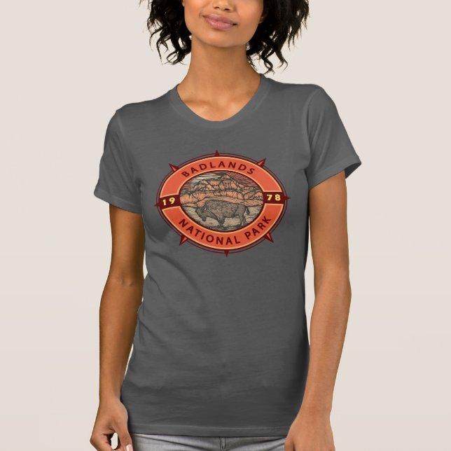 Badlands National Park Buffalo Retro Compass T-Shirt (Front)