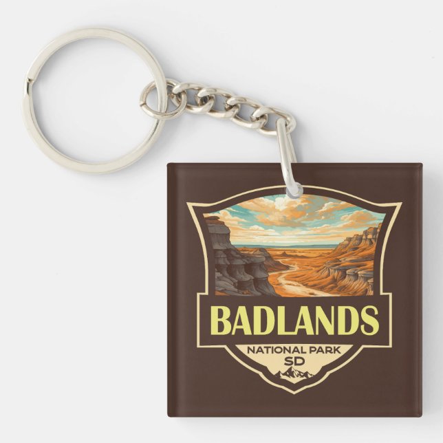 Badlands National Park Illustration Retro Key Ring (Front)