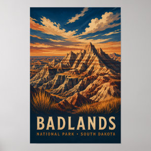 Badlands National Park South Dakota Woodblock Poster