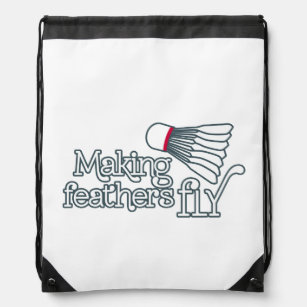 Badminton feather fly outline white drawstring bag