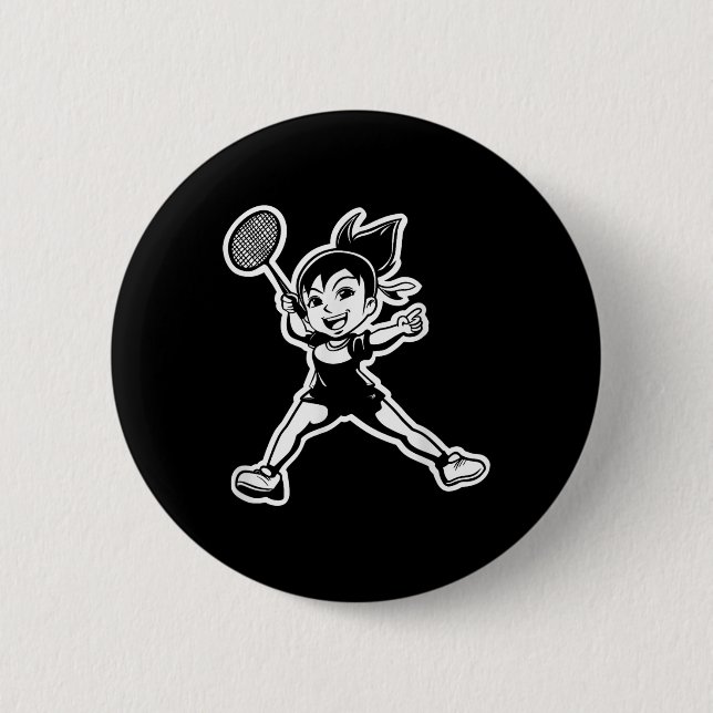 Badminton Girl Comic Shuttle Player  6 Cm Round Badge (Front)