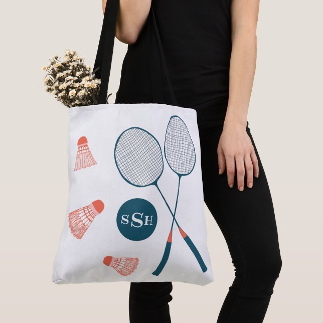 Badminton illustration vintage tote MONOGRAMMED (Close Up)