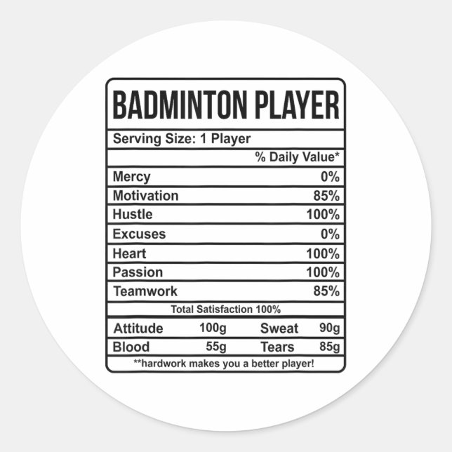 Badminton Player Information And Nutritional Facts Classic Round Sticker (Front)