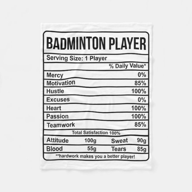 Badminton Player Information And Nutritional Facts Fleece Blanket (Front)