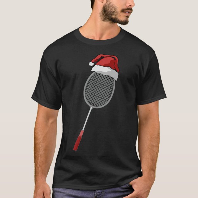 Badminton Racket Merry Christmas Hat slogan hobby  T-Shirt (Front)