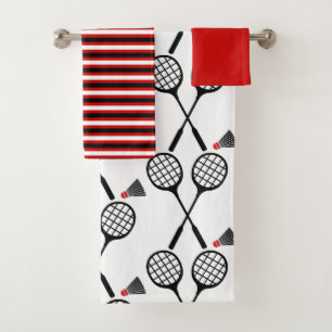 Badminton racquet & shuttlecock stripes black red bath towel set