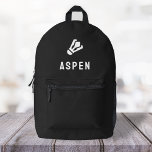 Badminton Shuttlecock Modern Black Name Printed Backpack<br><div class="desc">A custom design on a black background featuring a badminton shuttlecock motif icon in white which can be easily replaced by uploading your own logo, image or motif! The personalised monogram name in white modern block typography can be replaced with your own name or custom text. The perfect gift or...</div>