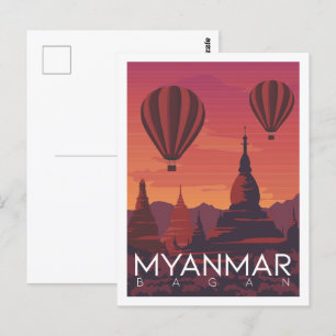 Bagan Myanmar Famous Travel Place Illustration Postcard
