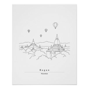 Bagan Myanmar Minimalist Line Art Poster Pagoda