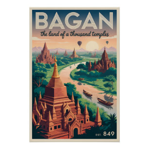 Bagan Myanmar Vintage Travel Poster Temple Art