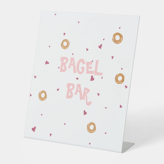 "BAGEL BAR" | Cute White Hearts & Bagels Pedestal Sign (Front)