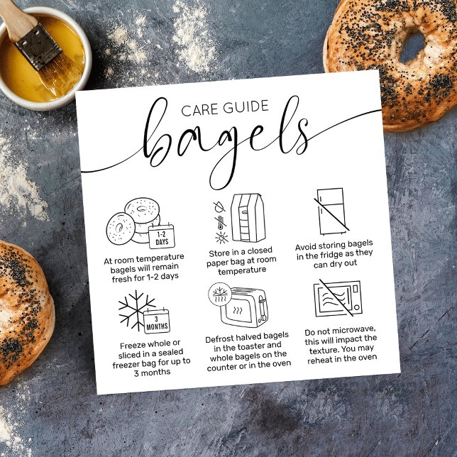 Bagels Care Instructions Guide Minimalist Bakery Square Business Card (Minimalist modern bagels care instructions cards with care icons, elegant script font)