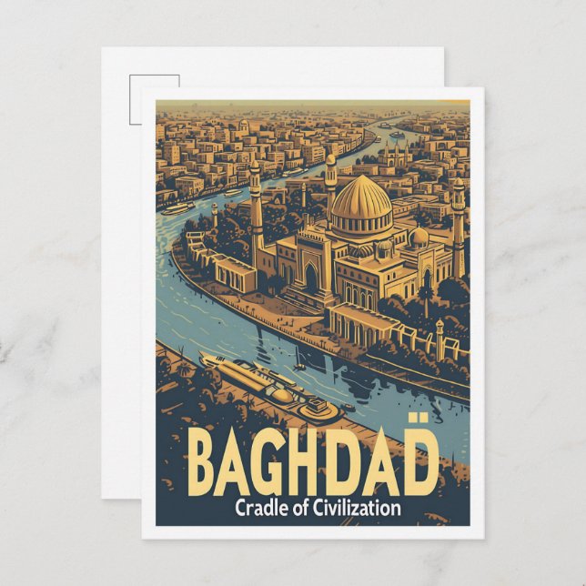 Baghdad Iraq Vintage Art Travel Illustration Postcard (Front/Back)