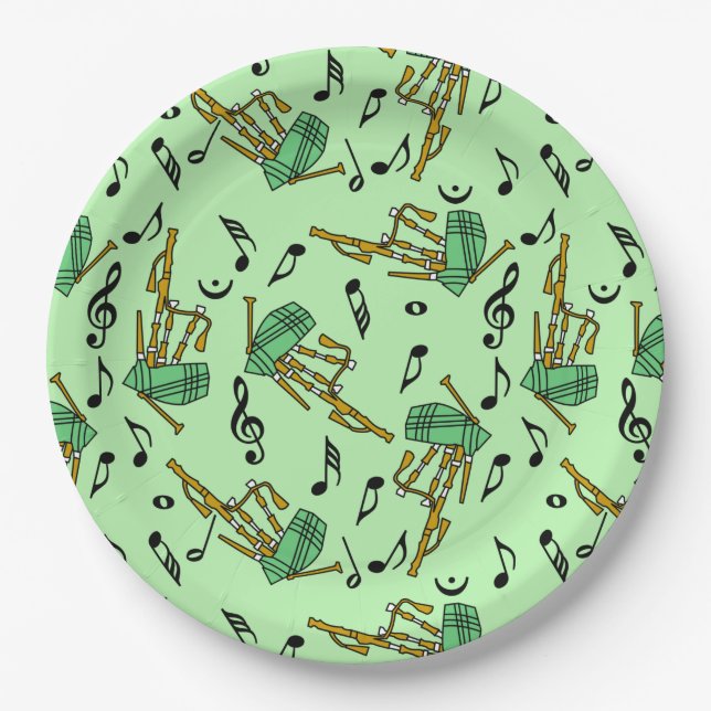 Bagpipe Music Notes Pattern Paper Plate (Front)