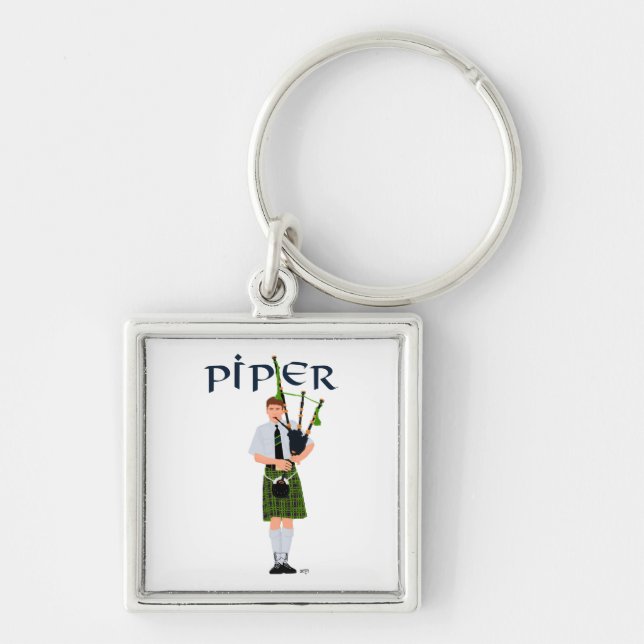 Bagpiper - Green Kilt Key Ring (Front)