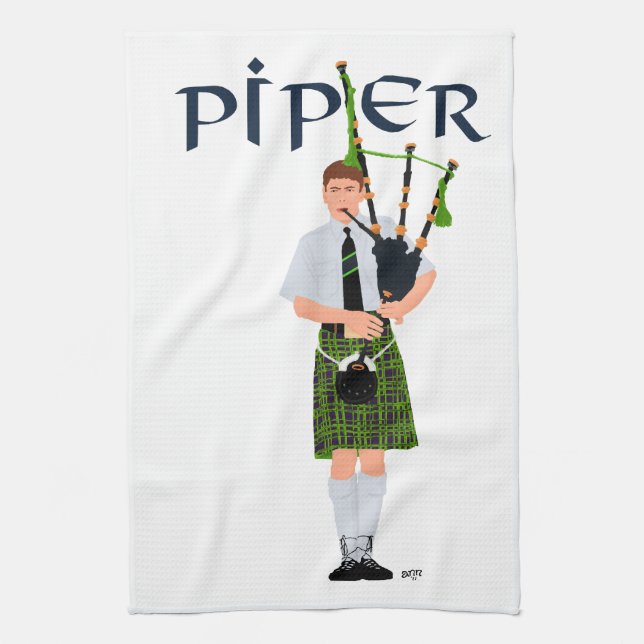 Bagpiper - Green Kilt Tea Towel (Vertical)