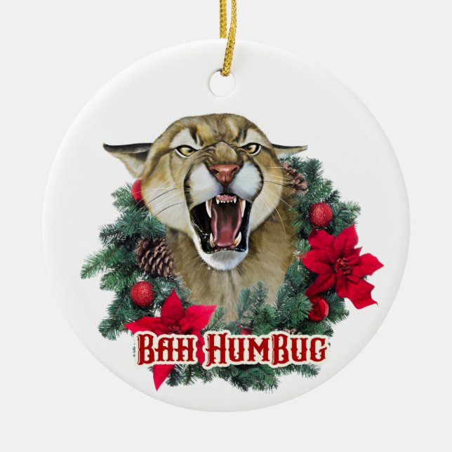Bah Humbug Cougar Ceramic Tree Decoration (Front)