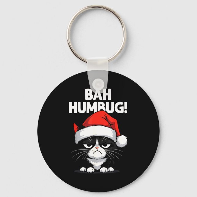 Bah Humbug Funny Bad Cat Christmas Hater Cat Lover Key Ring (Front)