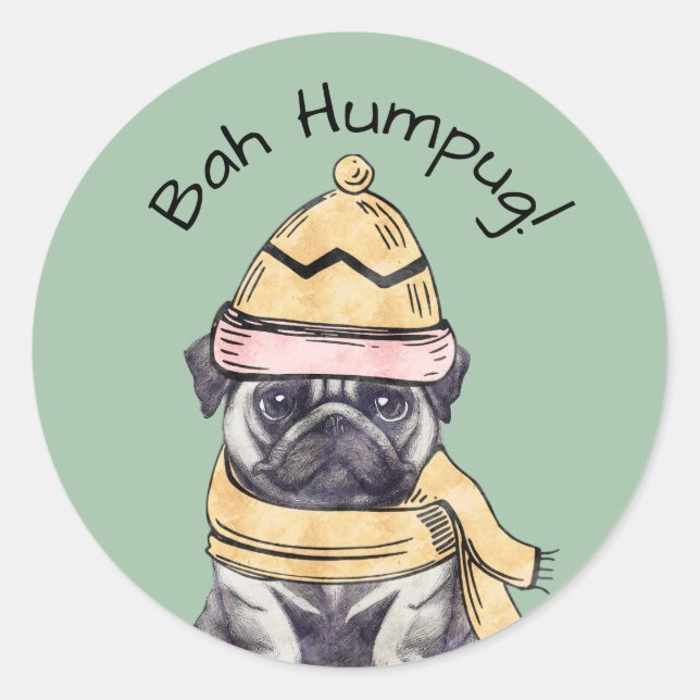 Bah Humpug Cute Christmas Illustrated Pug Winter  Classic Round Sticker (Front)