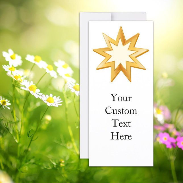 Baha'i 4" x 9" Invitation/Announcement Flat Card (Nine pointed star, symbol of the Baha’i faith in gold. Customize with your text.)