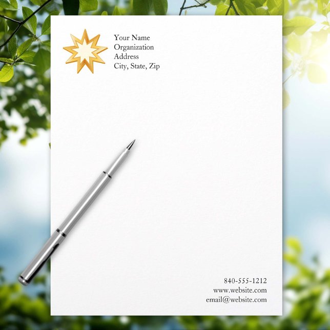 Baha'i 8.5" x 11" customized letterhead (Customize with your name or organization. Nine pointed star, symbol of the Baha’i faith in gold. )