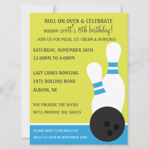 Bahama Blue Roll On Over Bowling Birthday Party Invitation