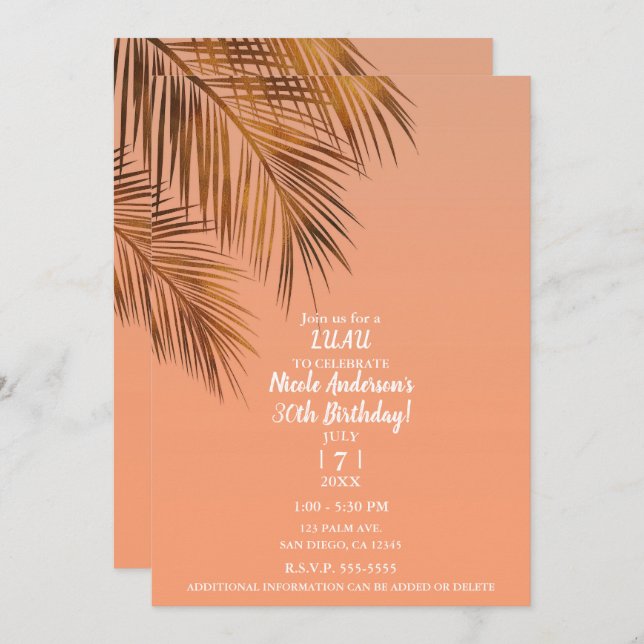 Bahama Breeze Bronze Palm Coral Birthday Party Invitation (Front/Back)